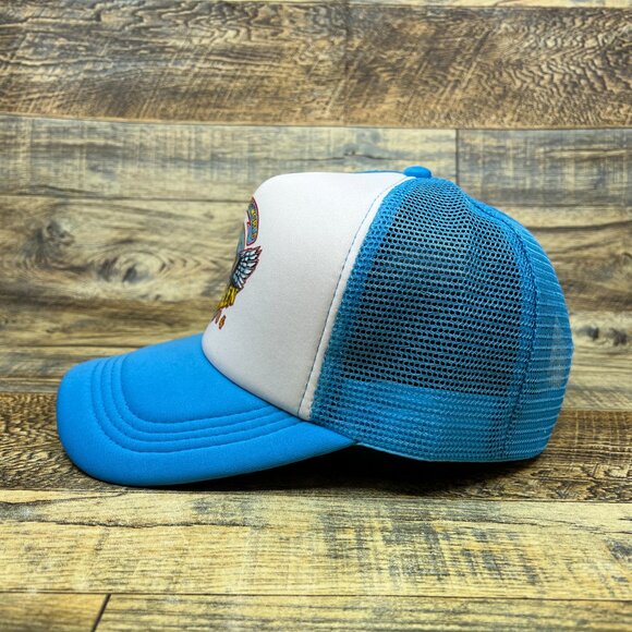 Van Halen 1984 Tour Of The World Mens Trucker Hat Blue Snapback Rock Ball Cap - Picture 4 of 8